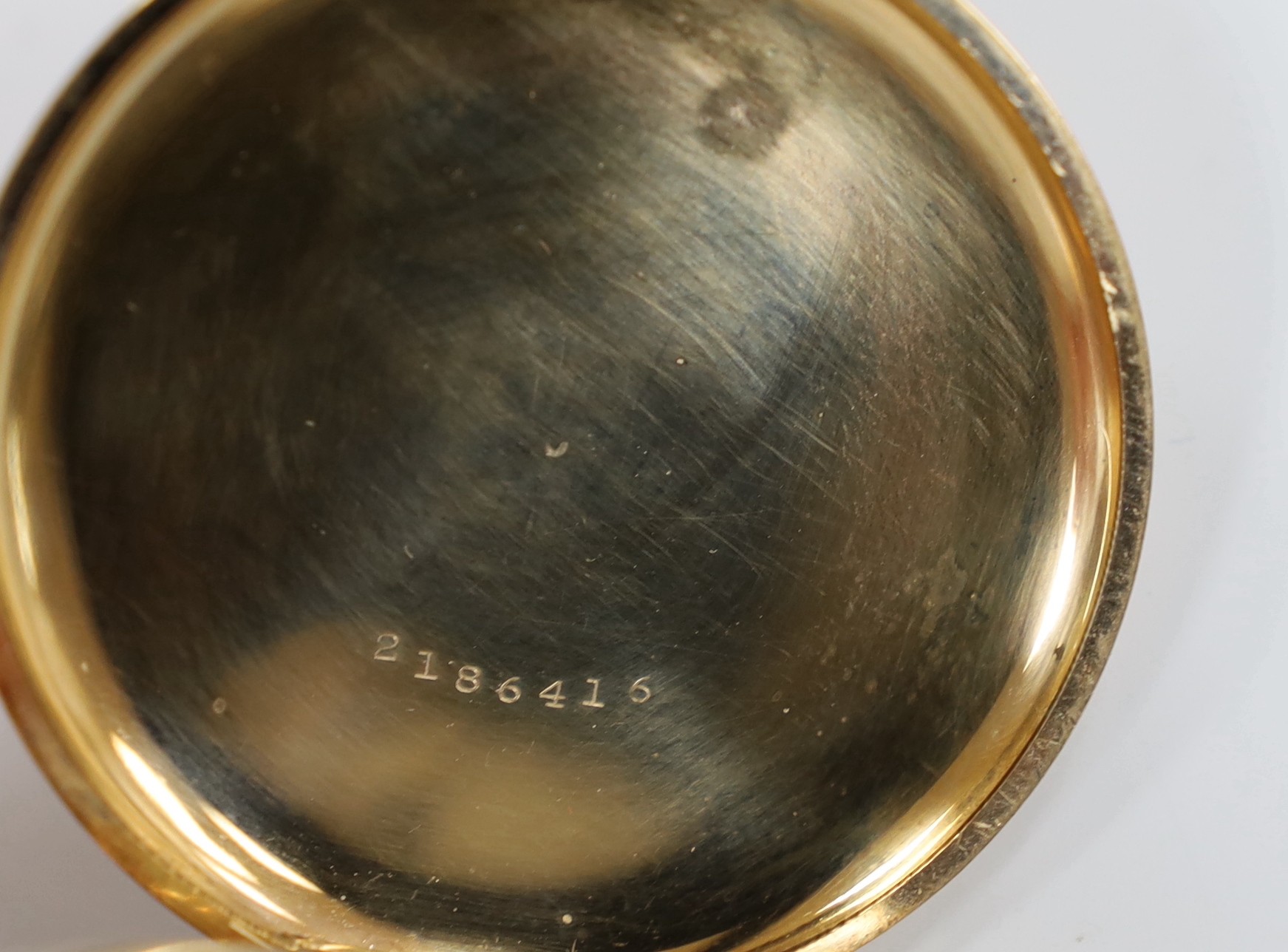 An Elgin gold plated keyless hunter pocket watch, with Roman dial and engraved interior inscription.